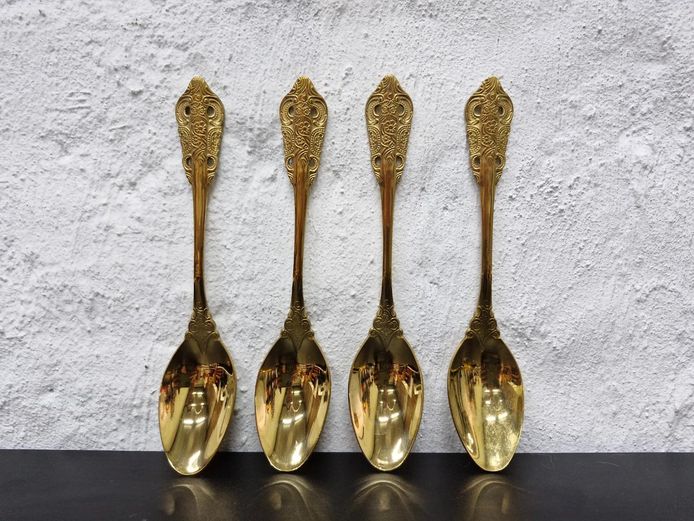 Vintage Set of 4 Ornate Gold-Electroplated Dessert Spoons
