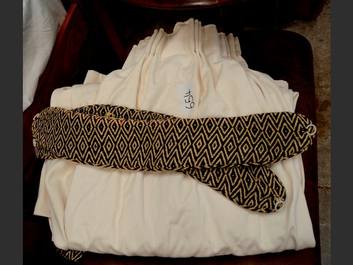 PAIR WHITE LINED CURTAINS WITH TIEBACKS