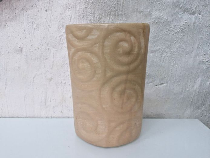 Studio Pottery Terracotta Elliptical Oval Vase with Carved Spiral Swirl Patterns