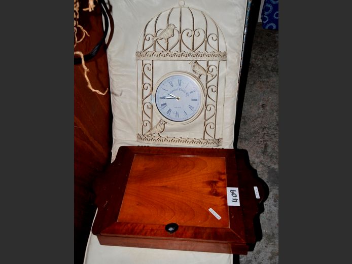 MAHOGANY SINGLE DOOR WALL MOUNT SPICE CABINET & A WALL CLOCK, 37 x 7 x 57cm & 34 x 5 x 53cm