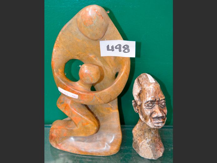 SOAPSTONE: MOTHER & CHILD FIGURINE & BUST OF AN AFRICAN MAN, 34cm High & 18cm High
