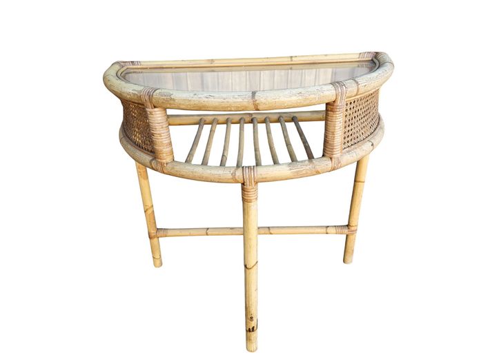 Vintage Boho-Chic Demi-Lune Rattan & Bamboo Console Table