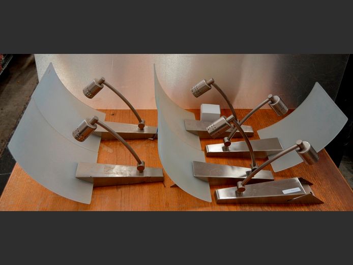 SET OF 6: CHROME & FROSTED GLASS WALL MOUNT LIGHTS [1 shade missing]