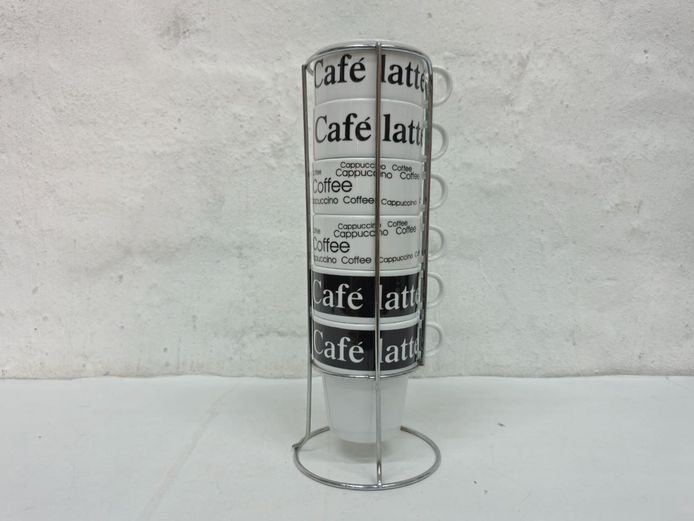 Stacked Ceramic Coffee Mugs Set with Chrome Wire Stand Holder