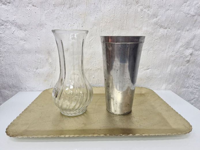 Vintage Glass Swirl Vase, Metal Tumbler, and Scalloped Gold-Tone Tray Set