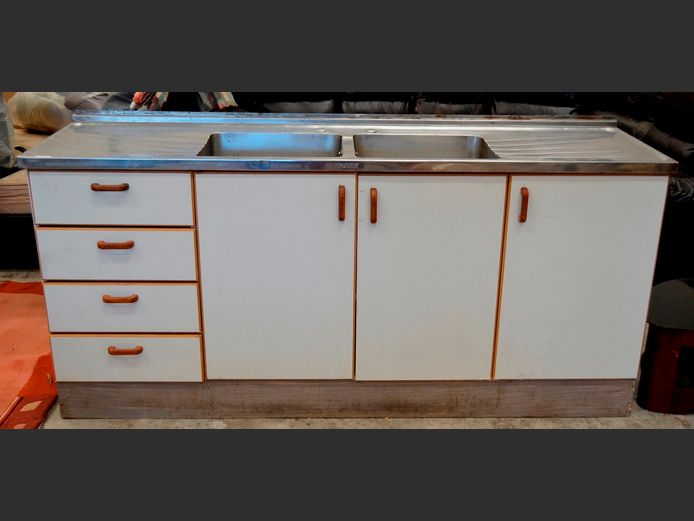 3-DOOR, 4-DRAWER KITCHEN CABINET WITH STAINLESS STEEL DOUBLE BOWL SINK, 199 x 53 x 95cm
