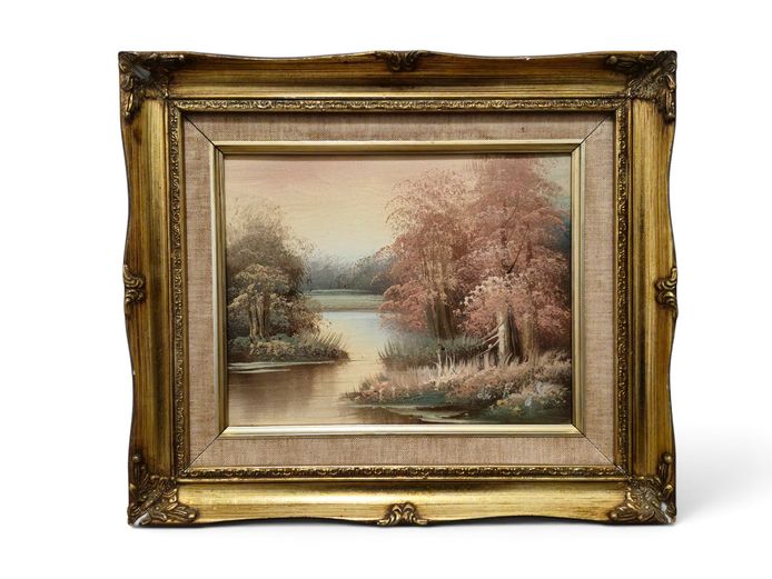 Vintage Signed River Landscape Oil Painting in Ornate Gilded Frame