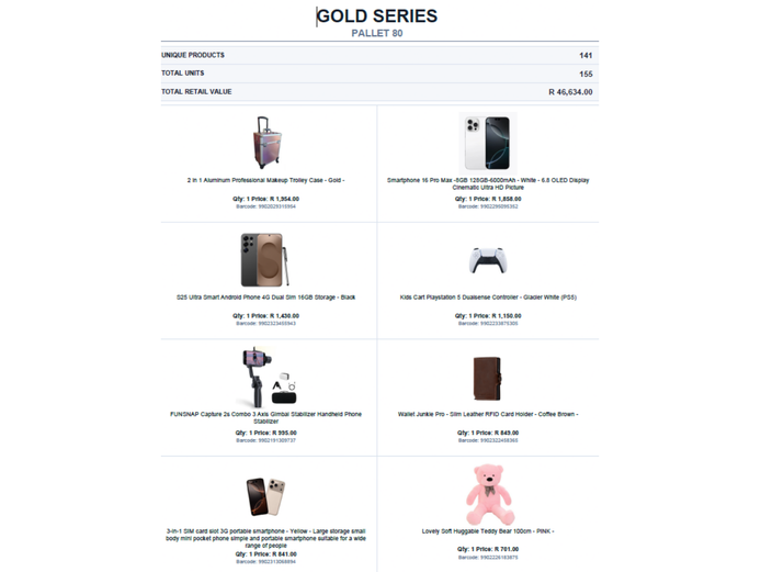 RETAIL RETURN STOCK ON PALLET TOTAL RETAIL VALUE: R46,634.00 STC