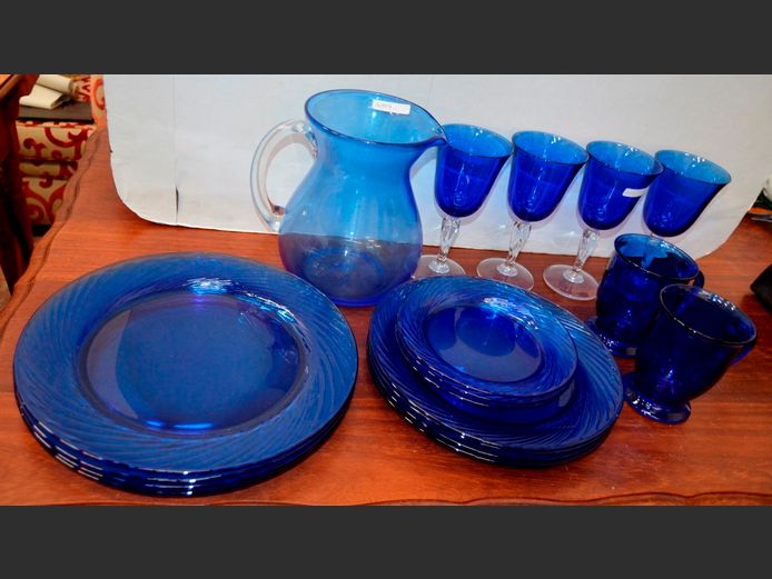BLUE GLASS: PLATES & SIDE PLATES, WINE GLASSES, etc