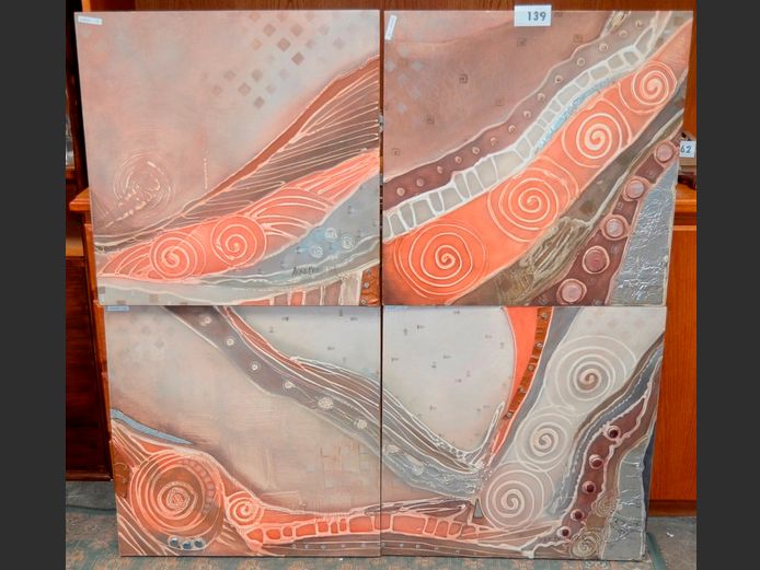 SET OF 4 UNFRAMED ABSTRACTS ON CANVAS SIGNED MICHELLE BATCHELOR, 60 x 60cm