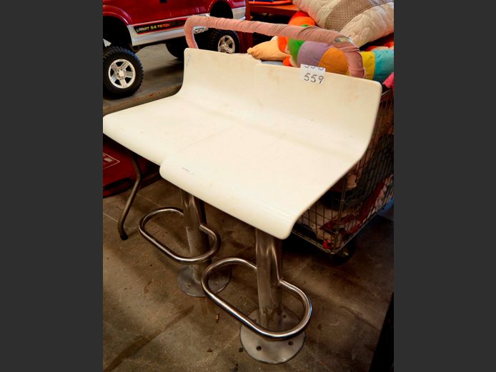 PAIR WHITE PLASTIC & STAINLESS STEEL FLOOR MOUNT BAR CHAIRS, 71cm High