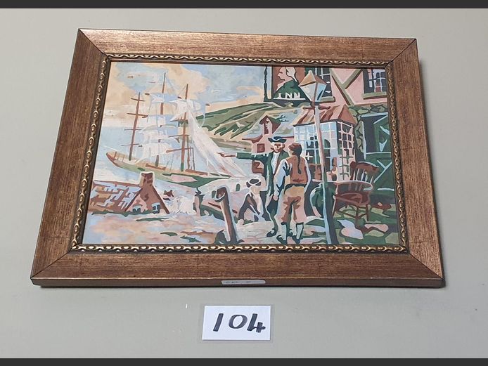GILT FRAMED OIL ON BOARD "HARBOR SCENE", 34.5 x 24.5cm