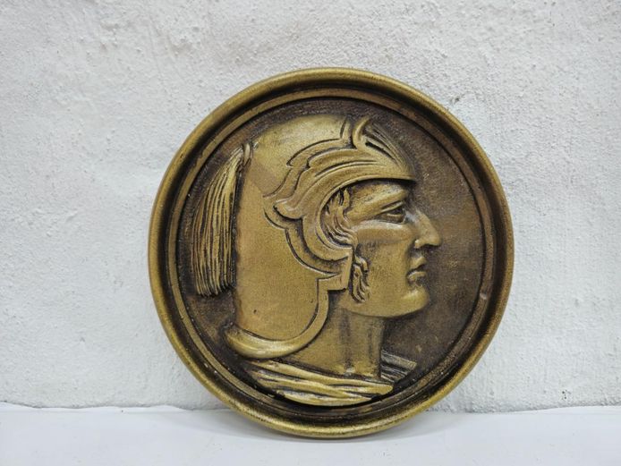 Vintage Roman Soldier Relief Profile Round Wall Plaque - Resin Made