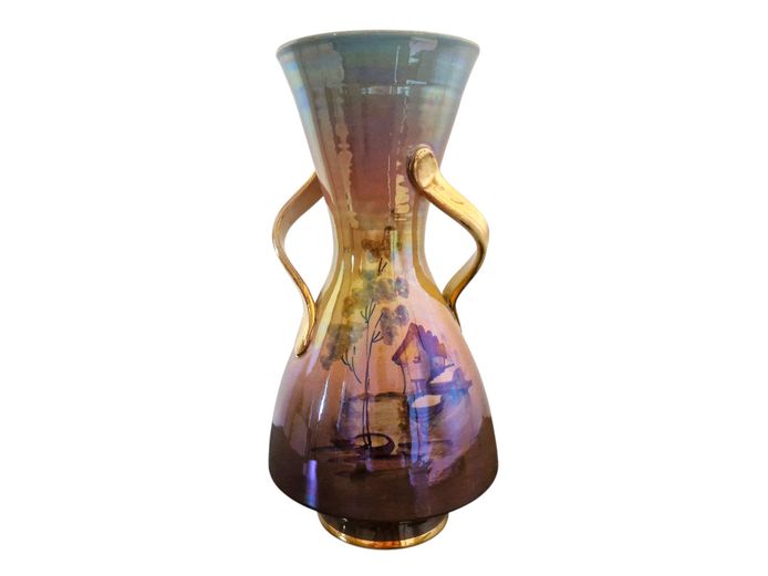 Vintage Italian Hand-Painted Lustreware Ceramic Twin-Handled Vase