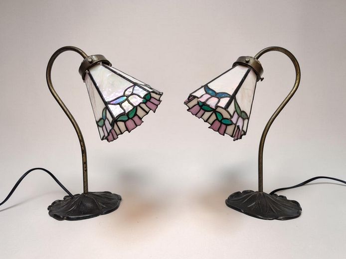 Art Nouveau Style Stained & Iridescent Slag Glass Gooseneck Desk Lamps