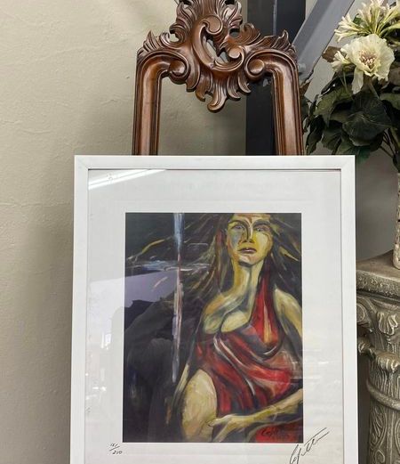 Limited edition female oil portrait print in white frame signed by artist