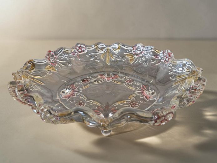 Vintage Pressed Glass Three-Footed Floral Bowl