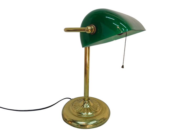 Vintage Brass & Emerald Green Glass Bankers Lamp