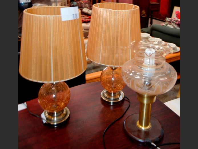 PAIR METAL & GLASS TABLE LAMPS WITH SHADES & ANOTHER, 42cm High & 32cm High [24,25]