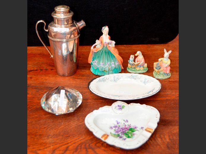 SILVER PLATED COCKTAIL SHAKER, CERAMIC FIGURINES [Repaired], etc