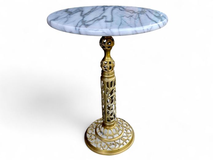 Vintage Filigree Pedestal Base Marble Top Side Table