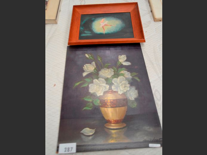UNFRAMED OIL ON BOARD "ROSES" BY JOHN DYKMAN & A FRAMED OIL ON BOARD "BALLERINA" BY NAT FRANKS, 45 x 60cm & 34 x 24cm [1,2]