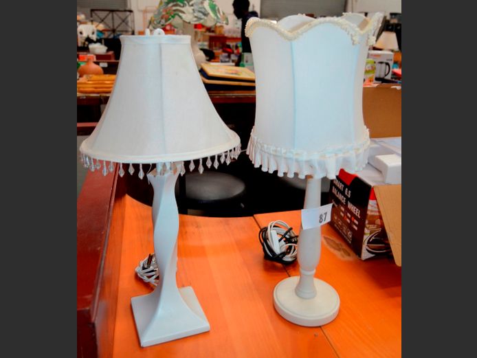 LOT: 2 x WHITE PAINTED BEDSIDE LAMPS WITH SHADES, 56cm High & 51cm High