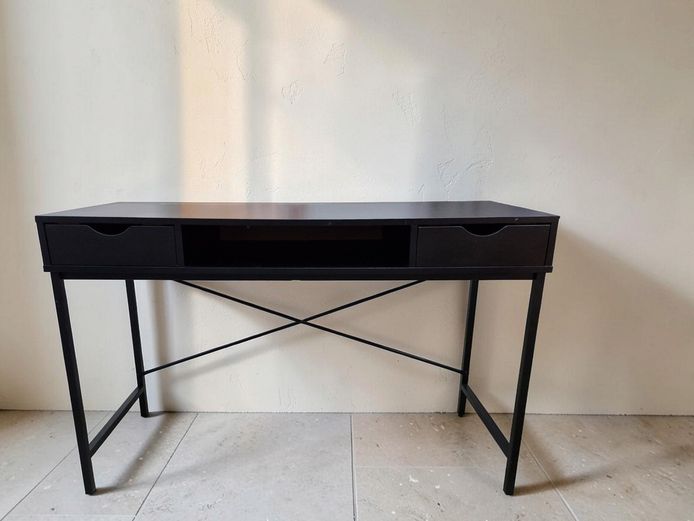 Modern Minimalist Black Computer Desk with Integrated Drawers & X-Frame Legs