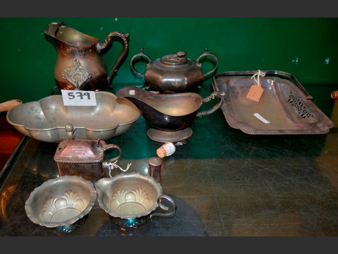 SILVER PLATE: JUG, GRAVY BOAT, SWEETS DISH, etc