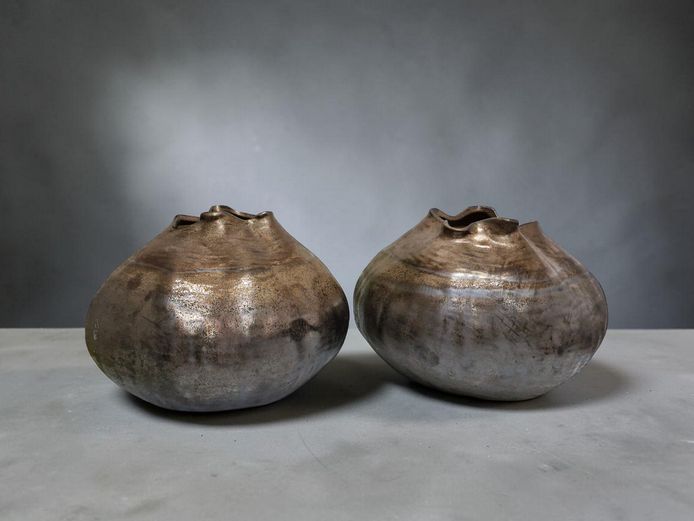 Modernist Organic Form Metallic Glazed Ceramic Vessels