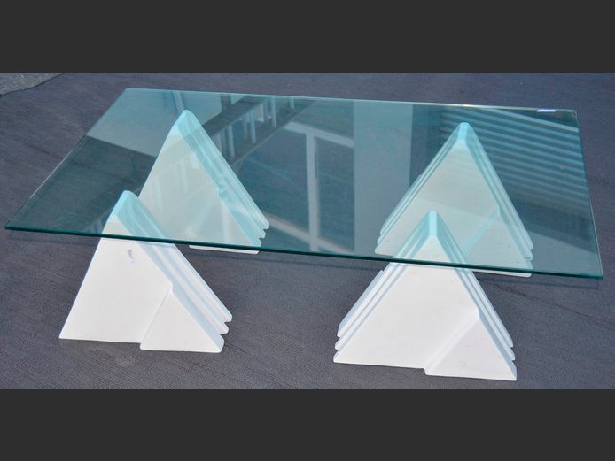 GLASS TOP COFFEE TABLE ON WHITE CERAMIC  BASES, 120 x 70 x 35cm