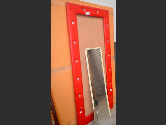 RED UPHOLSTERED WALL MOUNT HEADBOARD & A MIRROR [Damaged]