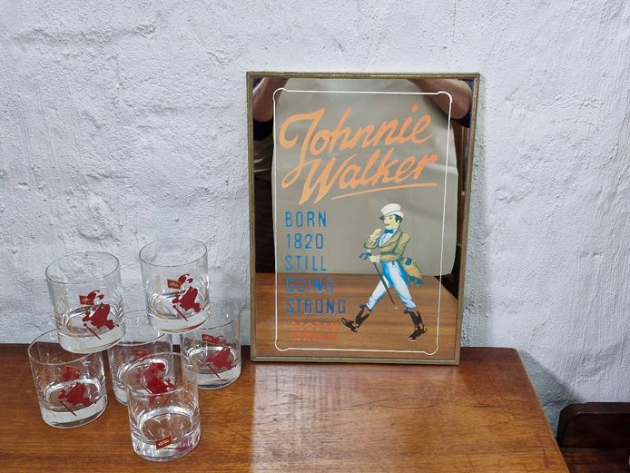 1980's Johnnie Walker Advertising Mirror & Original Branded Glasses