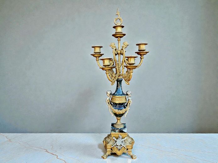 Louis XVI Style Italian 7-Arm Brass & Marble Candelabra