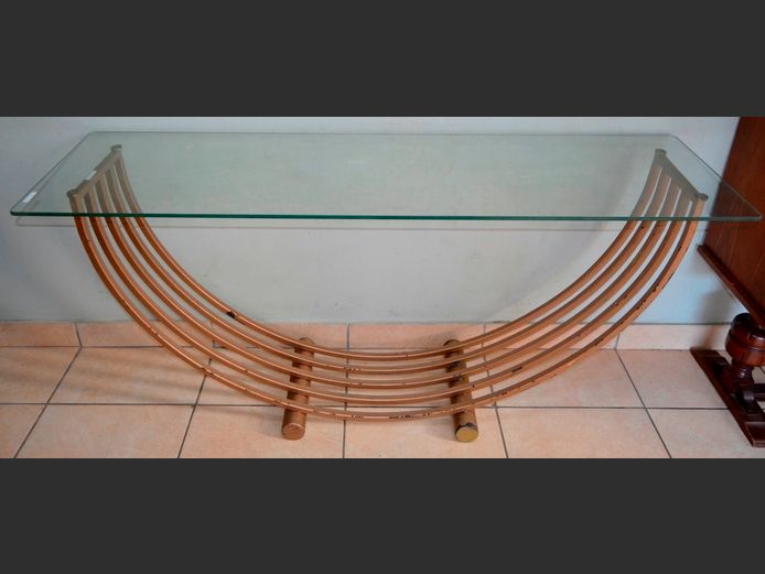 METAL PAINTED GLASS TOP HALL TABLE, 158 x 45 x 75cm
