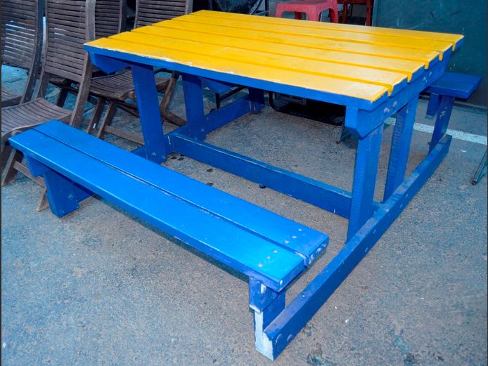 BLUE & YELLOW PATIO TABLE WITH BENCHES ATTACHED, 170 x 140 x 73cm