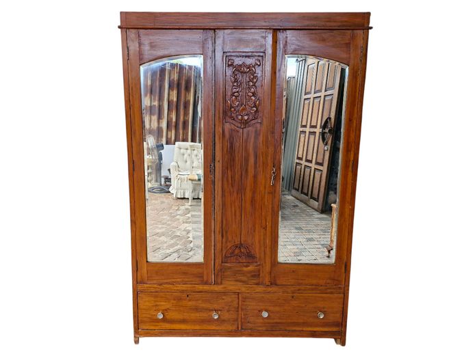Antique Edwardian-Style Carved Oak Compactum Wardrobe