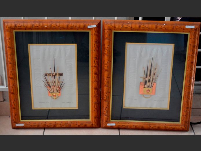 PAIR FRAMED PORCUPINE QUILL, COPPER & BRASS ARTWORK, PENCIL SIGNED DNC GRAPHICS 97, TITLED INUNGU & NUMBERED 21/8, 65 x 52cm [4,7]