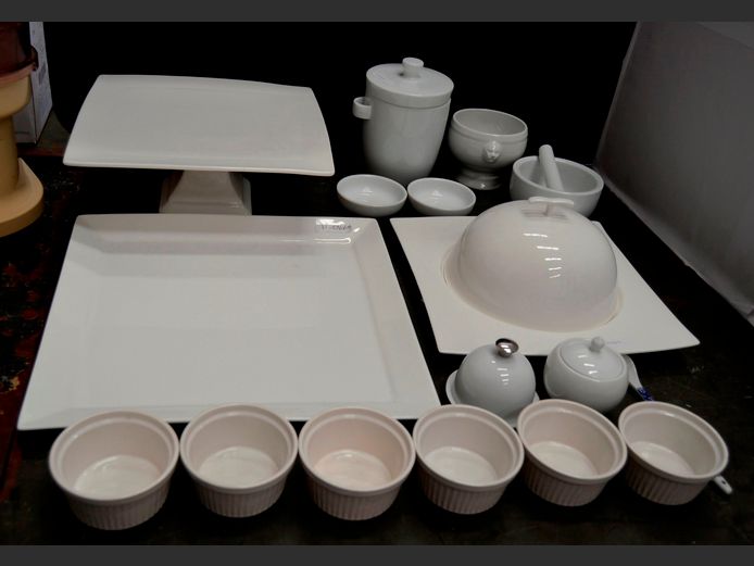 CERAMIC CHEESE PLATTER WITH LID, CAKE STAND, MORTAR & PESTLE, etc