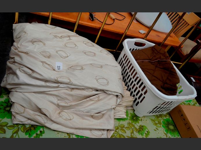 LOT: LARGE DROPS BEIGE CURTAINS, LAUNDRY BASKET, etc [Curtains need a clean]