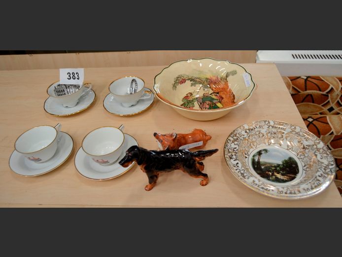 CERAMIC PLATES, CUPS & SAUCERS, ORNAMENTAL DOGS, etc