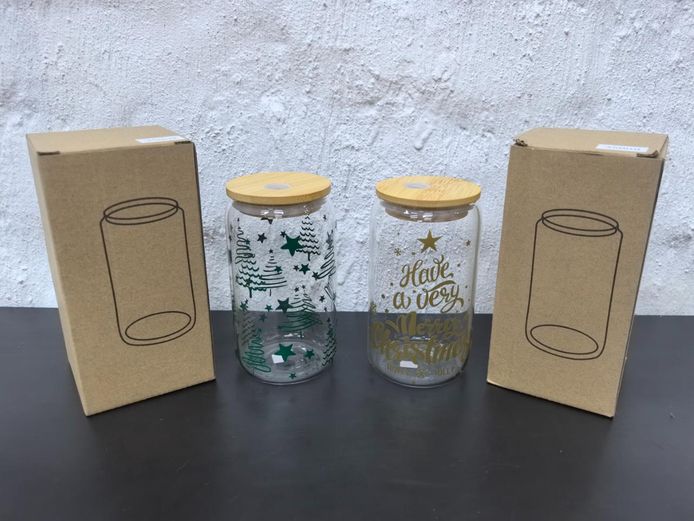 Christmas Theme Glass Tumblers with Bamboo Lids & Straw Inserts (350ml)