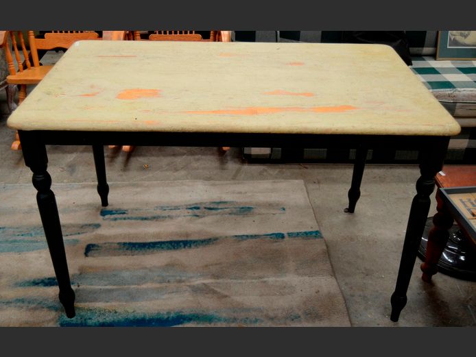 PINE UNDER YELLOW & GREEN PAINT KITCHEN TABLE, 121 x 75 x 74cm